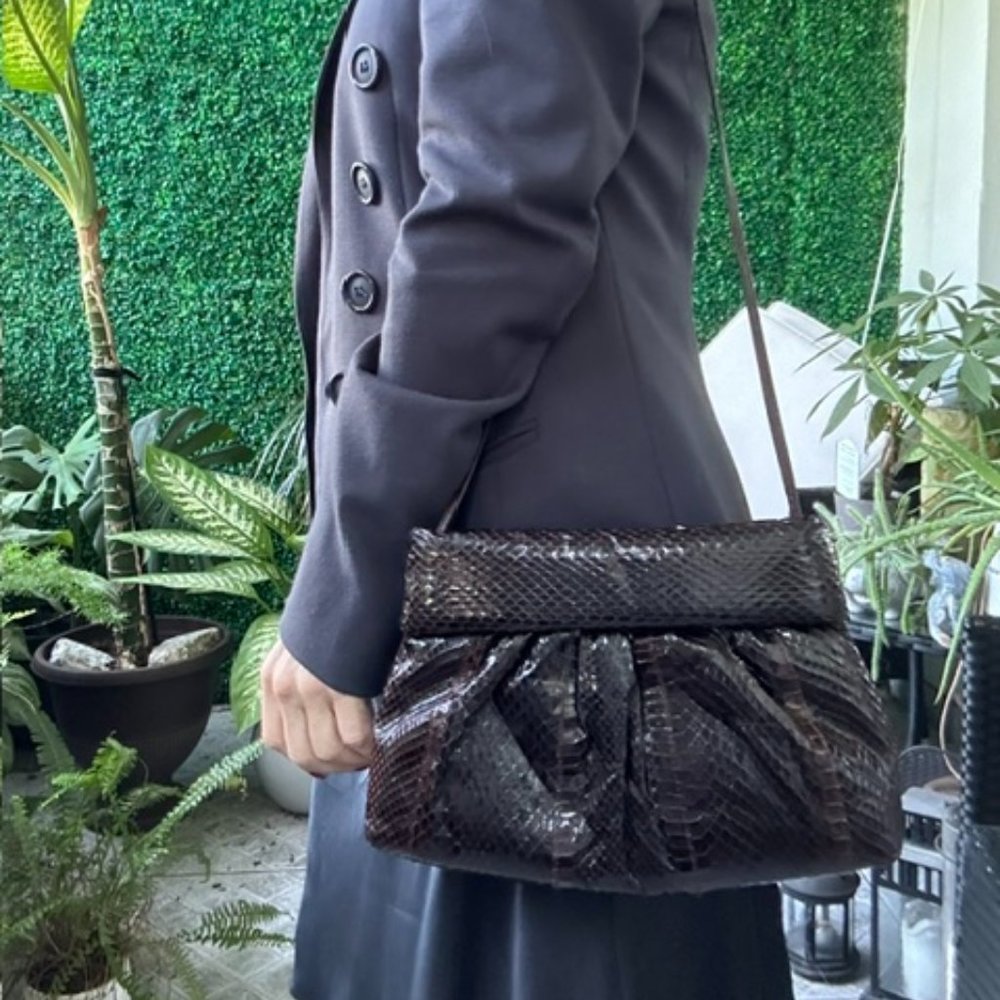 1970s Leather Snakeskin Brown Clemente Crossbody Handbag